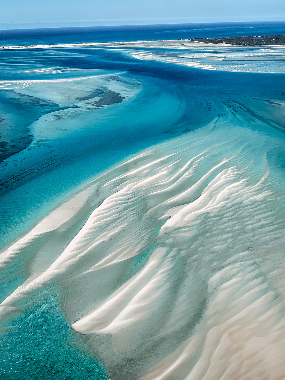 Aerial of turquoise sand bars in the Bazaruto Archipelago